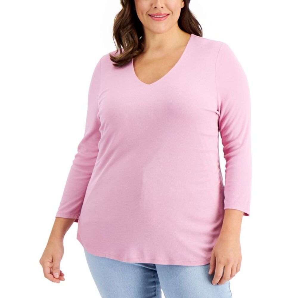 INC International Concepts Plus Size Ribbed V Neck Top